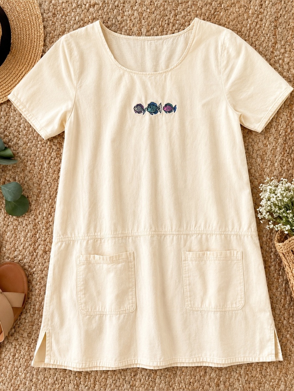 Vintage Fish Embroidered Cotton Mini Dress Cream Cottage Coastal Pockets Small